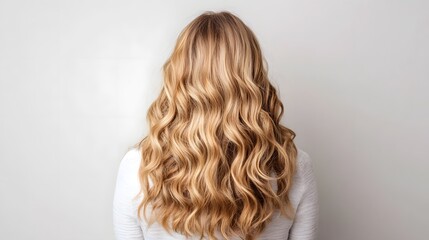 Naklejka premium Elegant Woman with Voluminous Wavy Blonde Hair on Neutral Background
