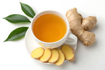 A cup of ginger tea with fresh ginger slices and leaves.