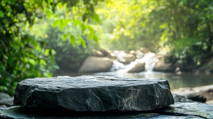 Obraz premium Stone Pedestal Display with Green Forest Waterfall Backdrop Product Placement