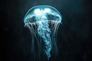 A mesmerizing bioluminescent jellyfish gracefully floats in the dark ocean depths.