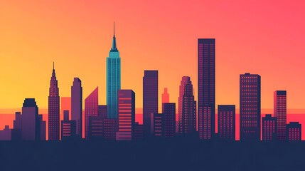 Obraz premium Vibrant Sunset Cityscape with Bustling Skyscrapers in Flat Design