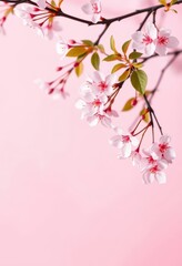 Fototapeta premium Delicate pink cherry blossoms softly falling on a pale pink background, pretty, wallpaper, photography