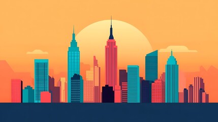 Obraz premium Vibrant Cityscape with Sunset Hues - Bustling Skyscrapers in Flat Design
