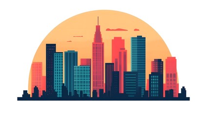 Obraz premium Vibrant Cityscape with Skyscrapers and Sunset Skyline