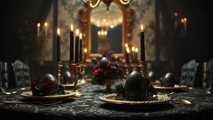 A beautifully arranged dining table featuring lit black candles, luxurious black eggs, intricate table decor, and golden accents, creating a refined and sophisticated atmosphere for special gatherings