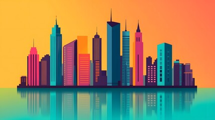 Fototapeta premium Colorful and Vibrant Minimalist City Skyline with Iconic Buildings and Detailed Reflections