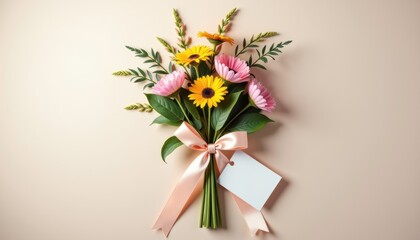 Colorful flower bouquet with ribbon and tag against beige background  