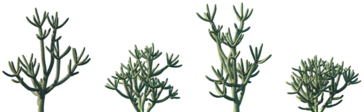 Set of Cylindropuntia spinosior (common names cane cholla, spiny cholla and walkingstick cactus) in sunny daylight frontal isolated png on a transparent background perfectly cutout