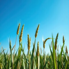 Fototapeta premium Immature wheat stalks, vibrant green, sway gently beneath a vast, cloudless blue sky, picture, cereal