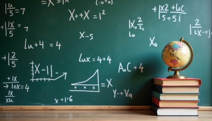 Math equations on chalkboard with globe and books in classroom  