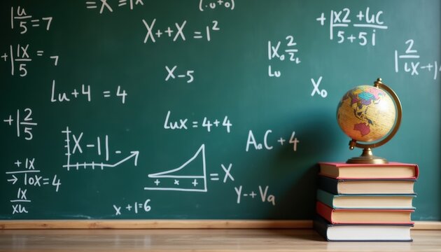 Math equations on chalkboard with globe and books in classroom  