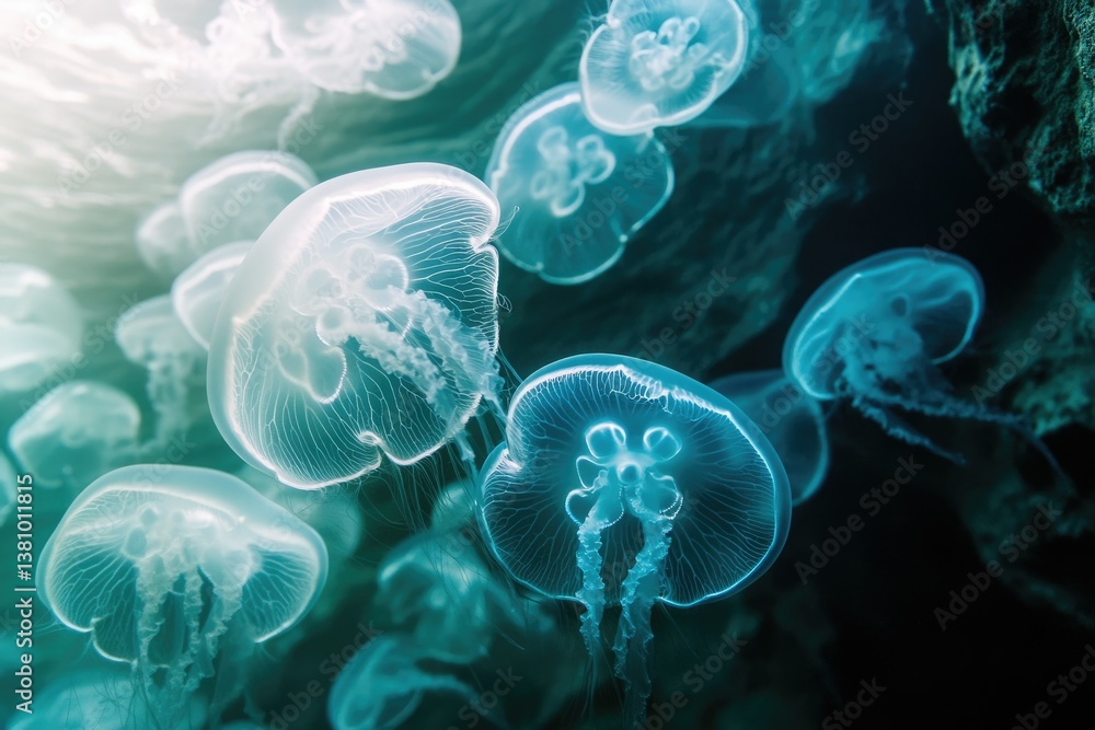 Poster mesmerizing underwater scene showcasing a group of luminous jellyfish gracefully floating in the dar