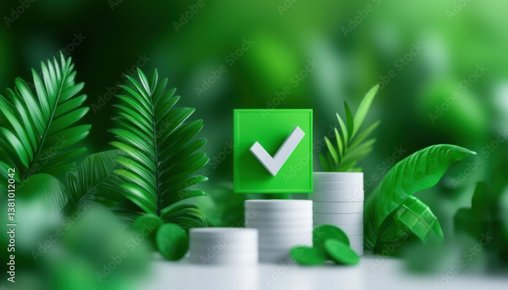 Poster green check mark symbolizing approval with coins and leaves in background