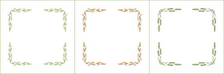 Set of three elegant green and yellow ornamental frame with cereal spikelets, wheat ears, cereal seeds, decorative border. Isolated vector illustration.	
