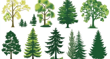 Obraz premium Pixel Art Tree Collection: Various Green Species and Sizes on White