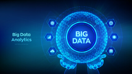 Big data analytics. Big data innovation technology concept. Blockchain network analysis. Artificial intelligence. Hexagonal grid sphere in wireframe hands on blue background. Vector illustration.