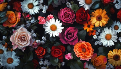 A vibrant floral arrangement of various colorful flowers, including roses, daisies, and geraniums, arranged artistically on a dark background