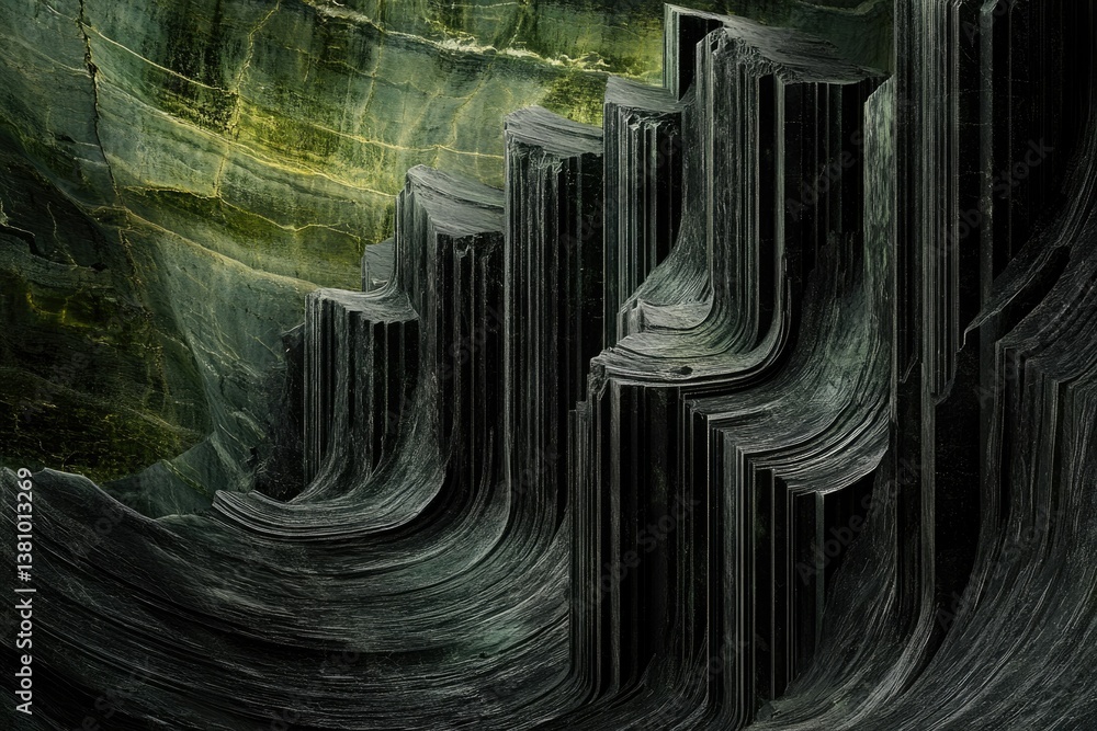 Poster abstract dark green and black rock formations resembling layered columns and waves.