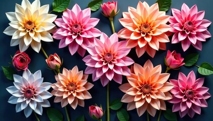 Geometric dahlia arrangement, repeating motif, soft hues , pastel, curve, flowers