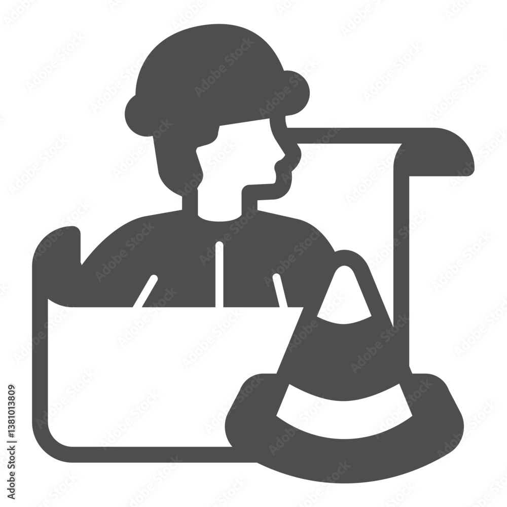 Poster engineer with projects and traffic cone solid icon, making road concept. vector graphics. builder ma