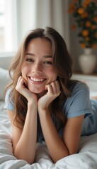 A radiant young woman with flowing brown hair beams with joy as she rests her chin on her hands, surrounded by soft bedding. The gentle light streaming through the window enhances her cheerful