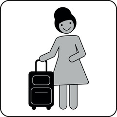 Woman with trolley suitcase – black and grey pictogram in frontal view. Minimal flat vector design for travel, lifestyle, mobility, and independence.