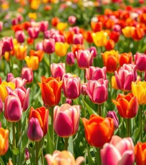Fototapeta premium Vibrant tulips in a sun-drenched meadow, showcasing a rainbow of colors, bright, sunshine, kaleidoscope