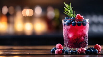refreshing summer berry mocktail with blueberries and raspberries, garnished with rosemary
