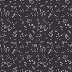 Seamless monochrome pattern with various food and drinks. Hand drawn texture for menu, packaging or cafe. Breakfast, teapot, ice cream and others food on blackboard.