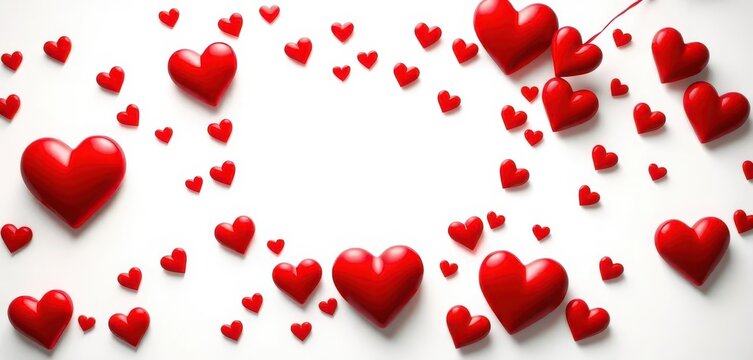 White background, large heart-shaped frame filled with smaller red hearts, vector, illustration, stock photo