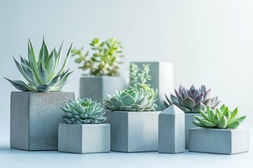 A collection of succulents in various shapes and sizes of grey concrete pots arranged against a light-blue background.