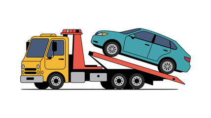 Towing Truck:  A detailed illustration of a tow truck carrying a blue car, set against a simple background, capturing the essence of roadside assistance and vehicle recovery.