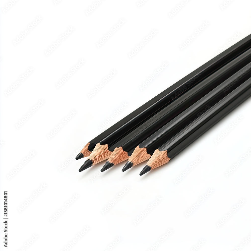 Poster closeup of identical black pencils lined up on white art scale minimalist design studio setting