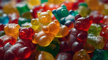 A vibrant assortment of gummy bears in various colors, such as red, orange, yellow, green, and blue, are piled together. 