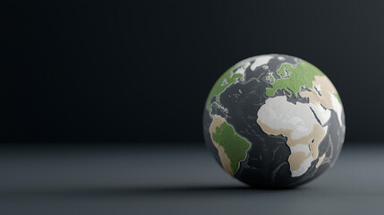 Fototapeta premium Digital rendering of a textured Earth globe placed on a dark, minimalist background. The globe highlights the continents of the Western Hemisphere with a focus on environmental and geographic details.