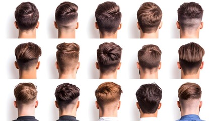 Diverse Collection of Stylish Men's Haircut Designs by Professional Barbers on White Background