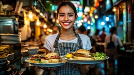Smiling server holding plates of delicious burgers.  A vibrant street food scene in the background