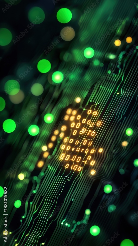 Poster a vibrant abstract image featuring glowing green and yellow lights, resembling a digital circuit or 