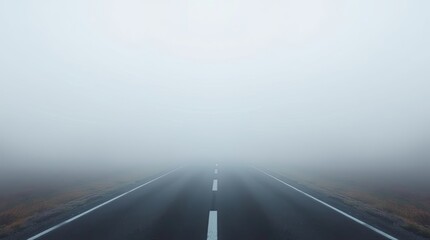 An Empty Road Disappears Into Thick Overwhelming Grey Fog