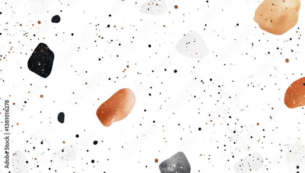 Poster abstract terrazzo pattern with speckles and irregular shapes on white background
