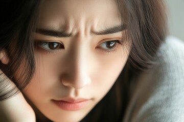 Pensive young asian female with thoughtful expression close-up