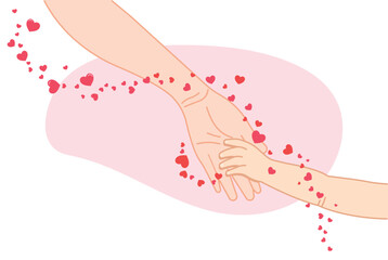 Mother and child holding hands. First touch. Illustration of love between mother and child. Image for card, for mother's day. Concept of guardianship and care for child