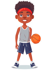A boy wearing a red headband, gray tank top and blue shorts holds a basketball.