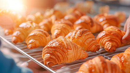 A tray full of freshly baked croissants, golden and crispy, captured in warm, soft light. The image highlights the texture and shine of the croissants
