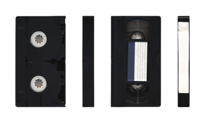 VHS videocassette in different sides without cover sleeve on transparent background with blank space for mockup