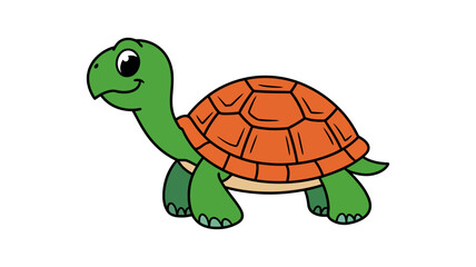 Cheerful Turtle's Stroll: An illustrated, happy-looking turtle, featuring a green body and a vibrant orange shell, depicted in a whimsical style, full of charm and playfulness.