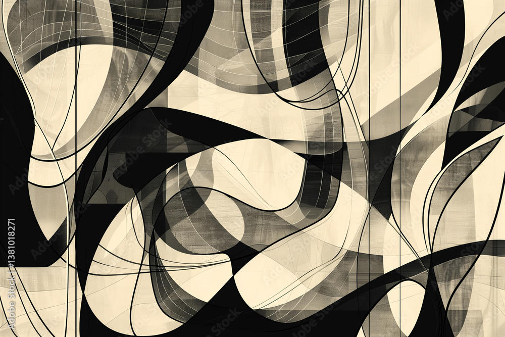 Poster an abstract line art composition with flowing curves and geometric shapes.