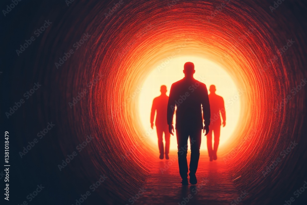 Poster silhouetted figures walk towards a glowing tunnel, symbolizing a journey or transition into light, e
