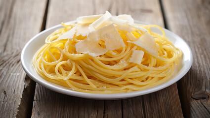 A close-up of a plate of spaghetti with parmesan cheese on a wooden table.