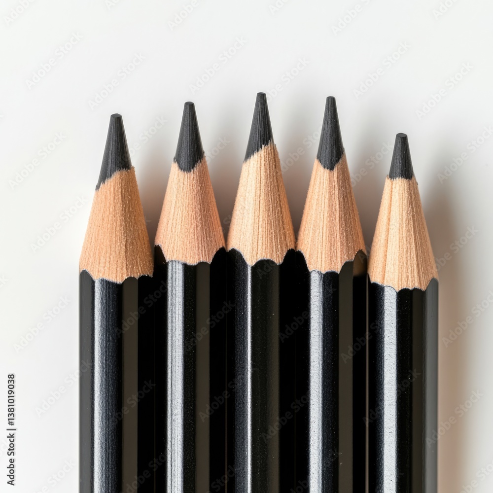 Poster artistic black pencils arranged in standard scale studio setting hyperrealistic image close-up view